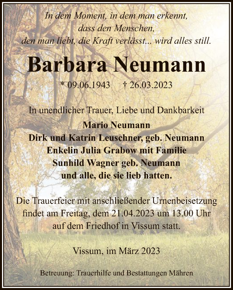 Traueranzeige für Barbara Neumann vom 29.03.2023 aus UEL