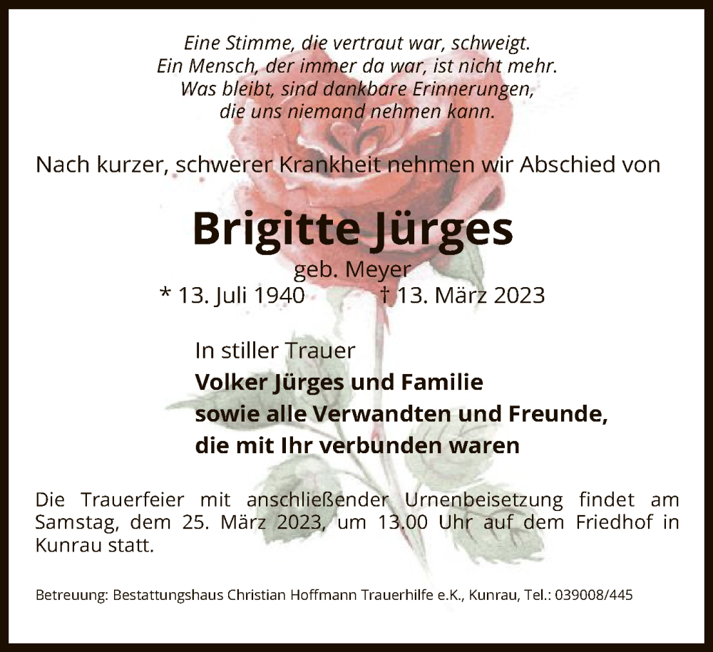  Traueranzeige für Brigitte Jürges vom 17.03.2023 aus UEL
