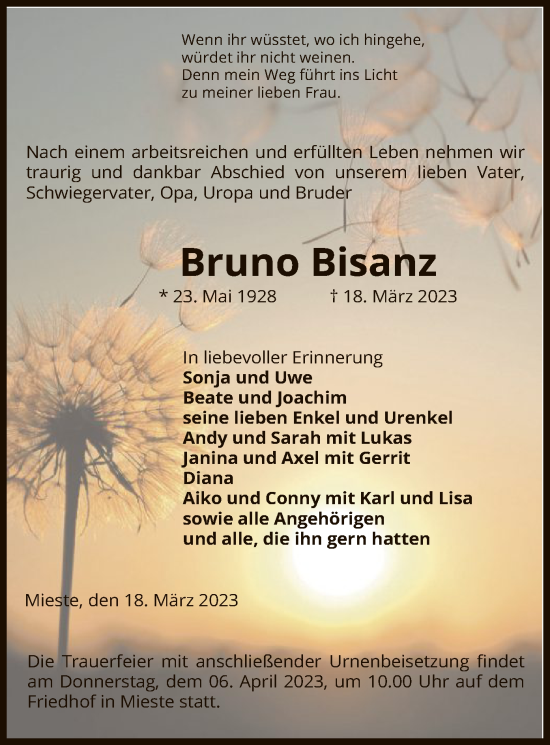 Traueranzeige von Bruno Bisanz von UEL