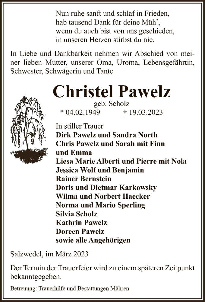  Traueranzeige für Christel Pawelz vom 23.03.2023 aus UEL