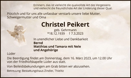 Traueranzeige von Christel Peikert von UEL