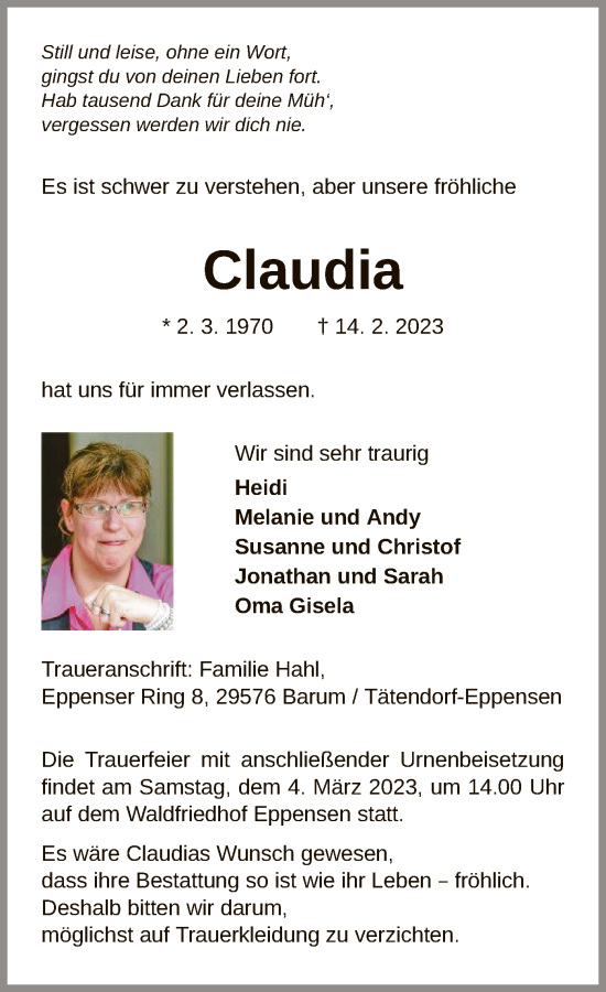 Traueranzeige von Claudia Hahl von UEL