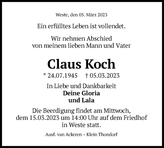 Traueranzeige von Claus Koch von UEL