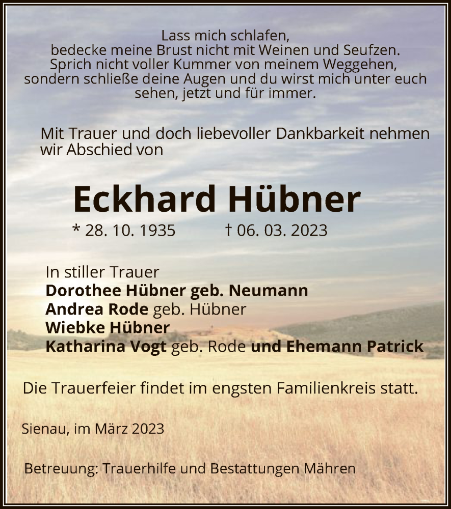  Traueranzeige für Eckhard Hübner vom 09.03.2023 aus UEL