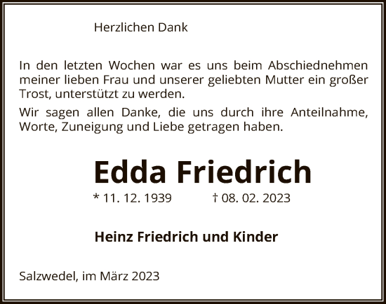 Traueranzeige von Edda Friedrich von UEL