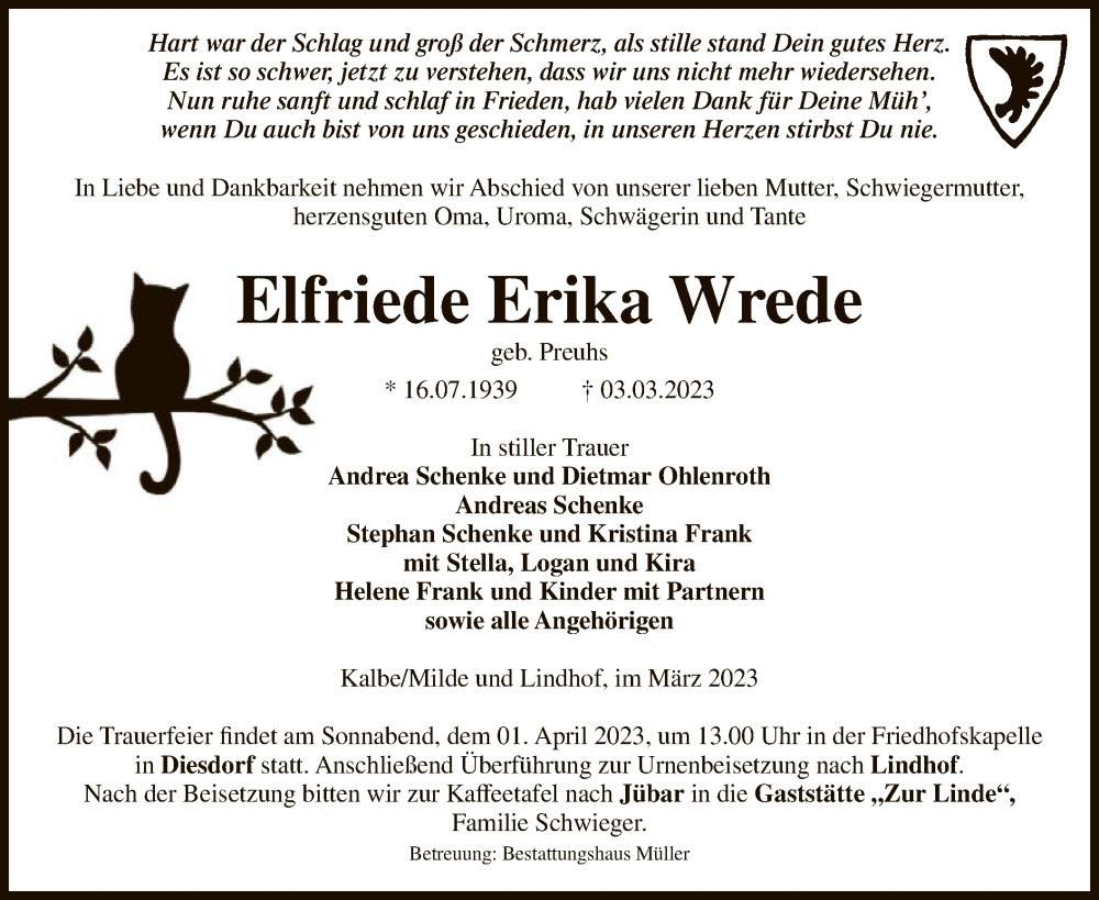  Traueranzeige für Elfriede Erika Wrede vom 11.03.2023 aus UEL