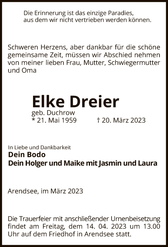 Traueranzeige von Elke Dreier von UEL