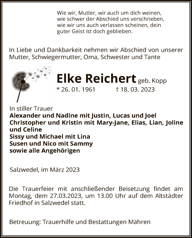  Traueranzeige für Elke Reichert vom 22.03.2023 aus UEL