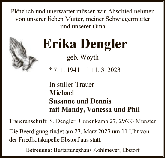 Traueranzeige von Erika Dengler von UEL