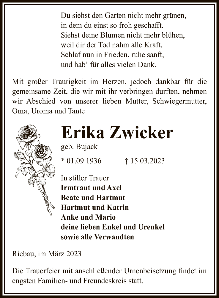  Traueranzeige für Erika Zwicker vom 18.03.2023 aus UEL