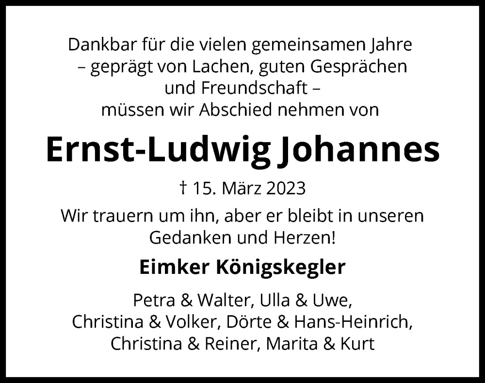  Traueranzeige für Ernst-Ludwig Johannes vom 18.03.2023 aus UEL