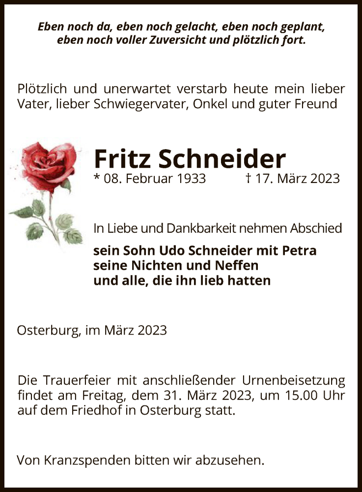  Traueranzeige für Fritz Schneider vom 21.03.2023 aus UEL