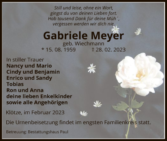 Traueranzeige von Gabriele Meyer von UEL