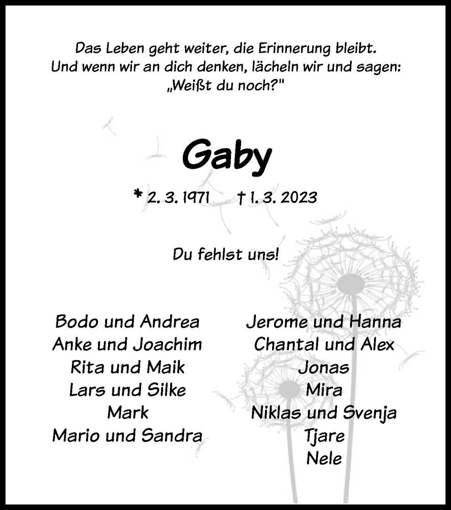  Traueranzeige für Gaby  vom 18.03.2023 aus UEL