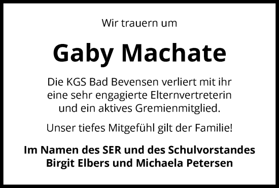 Traueranzeige von Gaby Machate von UEL