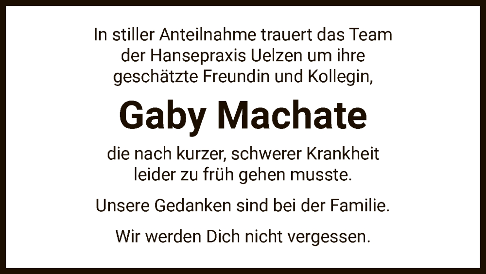  Traueranzeige für Gaby Machate vom 18.03.2023 aus UEL