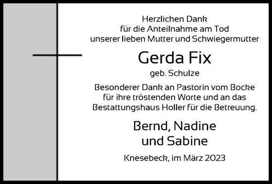 Traueranzeige von Gerda Fix von UEL