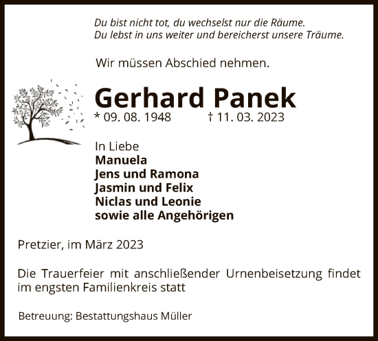 Traueranzeige von Gerhard Panek von UEL