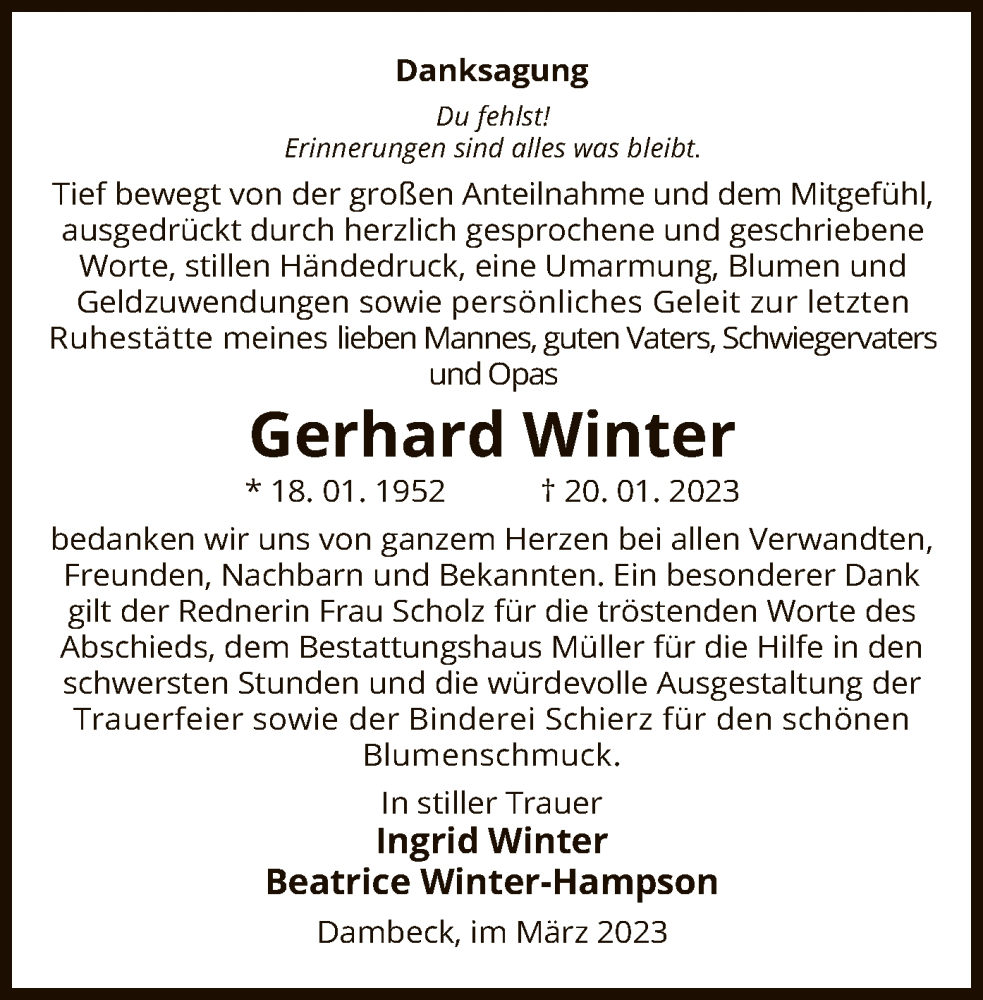  Traueranzeige für Gerhard Winter vom 24.03.2023 aus UEL