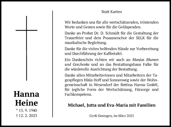 Traueranzeige von Hanna Heine von UEL