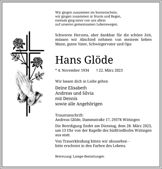 Traueranzeige von Hans Glöde von UEL
