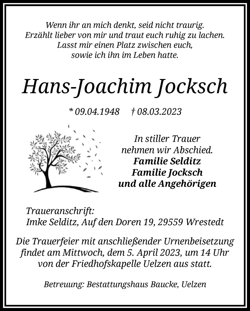  Traueranzeige für Hans-Joachim Jocksch vom 18.03.2023 aus UEL