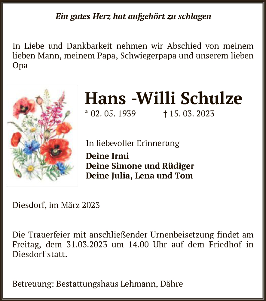  Traueranzeige für Hans-Willi Schulze vom 18.03.2023 aus UEL