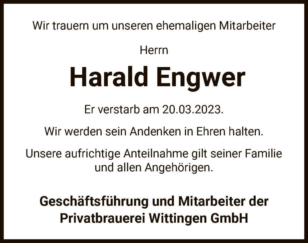  Traueranzeige für Harald Engwer vom 29.03.2023 aus UEL