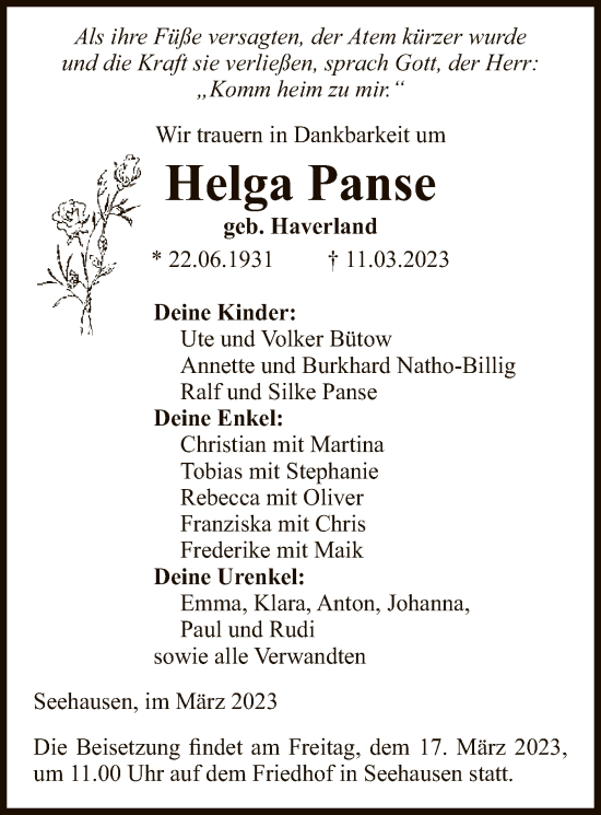 Traueranzeige von Helga Panse von UEL