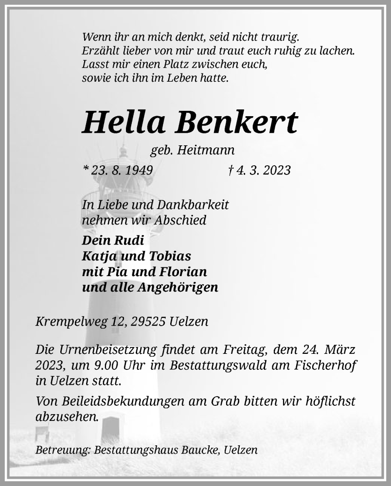  Traueranzeige für Hella Benkert vom 18.03.2023 aus UEL