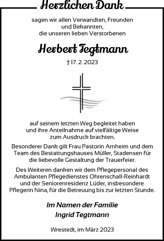 Traueranzeige von Herbert Tegtmann von UEL