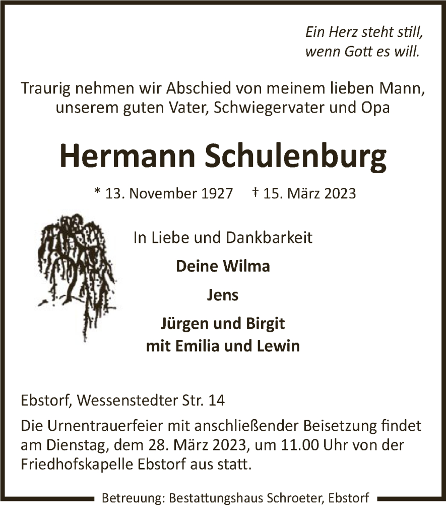  Traueranzeige für Hermann Schulenburg vom 18.03.2023 aus UEL