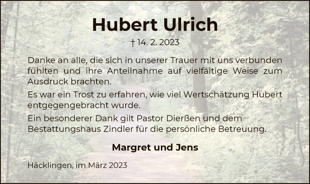 Traueranzeige für Hubert Ulrich vom 18.03.2023 aus UEL