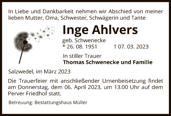 Traueranzeige von Inge Ahlvers von UEL