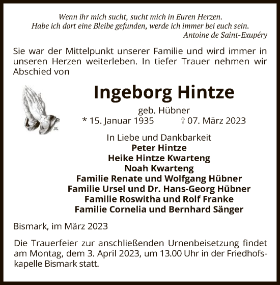 Traueranzeige von Ingeborg Hintze von UEL