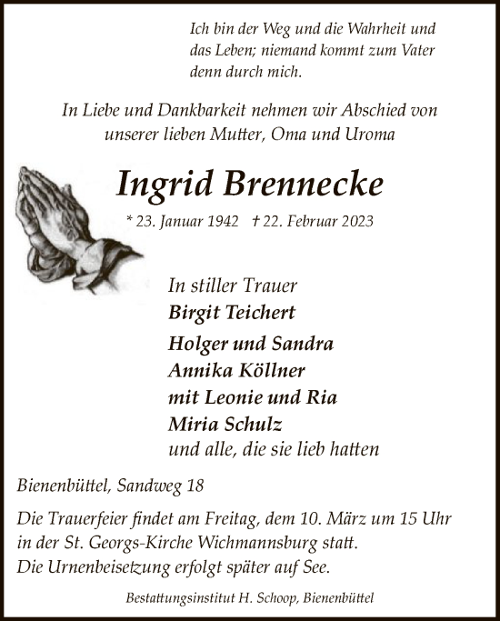 Traueranzeige von Ingrid Brennecke von UEL