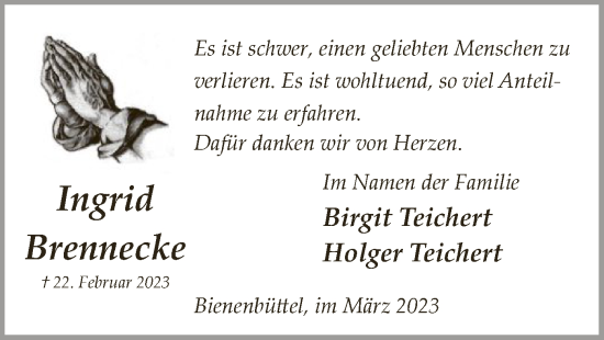 Traueranzeige von Ingrid Brennecke von UEL