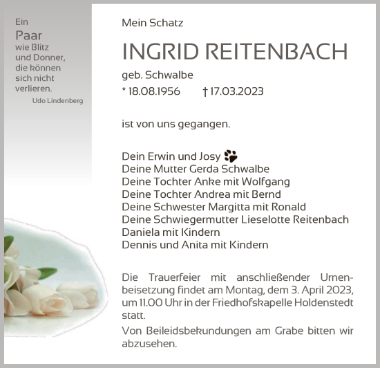 Traueranzeige von Ingrid Reitenbach von UEL