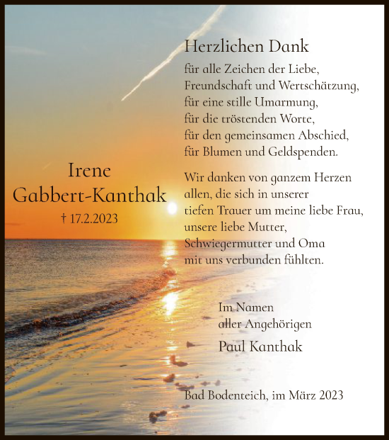 Traueranzeige von Irene Gabbert-Kanthak von UEL