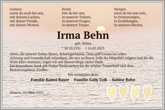 Traueranzeige von Irma Behn von UEL