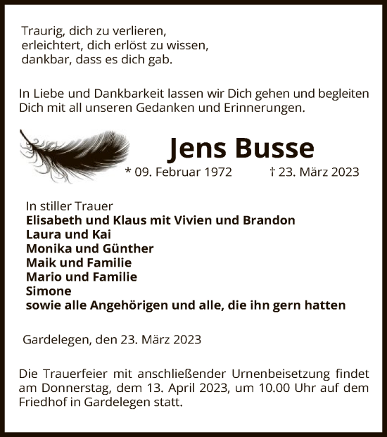 Traueranzeige von Jens Busse von UEL