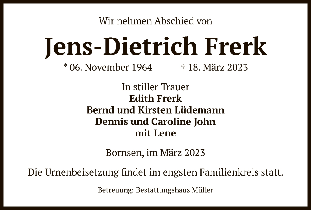  Traueranzeige für Jens-Dietrich Frerk vom 21.03.2023 aus UEL