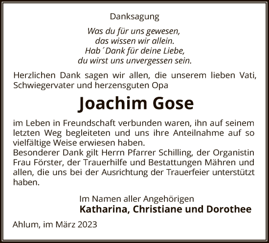 Traueranzeige von Joachim Gose von UEL