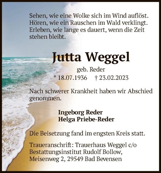 Traueranzeige von Jutta Weggel von UEL