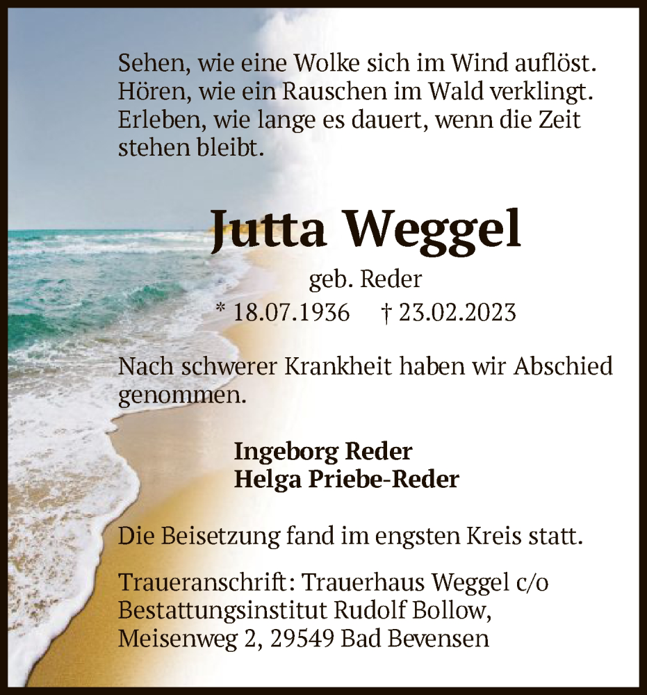  Traueranzeige für Jutta Weggel vom 18.03.2023 aus UEL