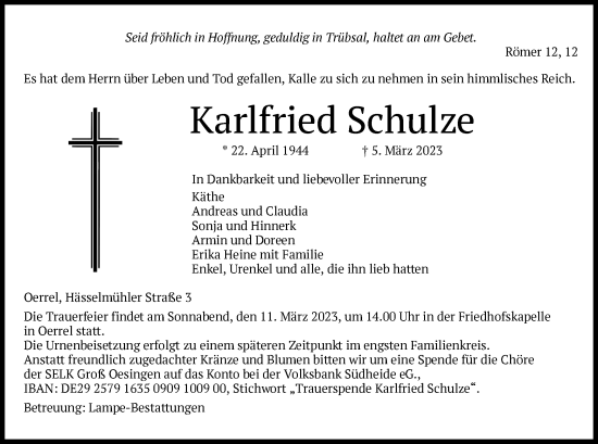 Traueranzeige von Karlfried Schulze von UEL