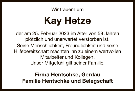 Traueranzeige von Kay Hetze von UEL