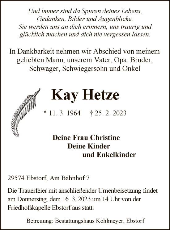 Traueranzeige von Kay Hetze von UEL