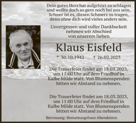 Traueranzeige von Klaus Eisfeld von UEL