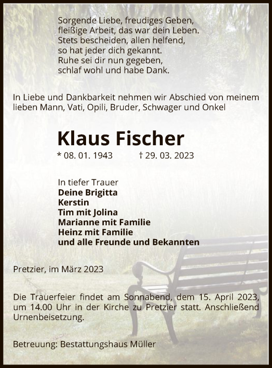 Traueranzeige von Klaus Fischer von UEL